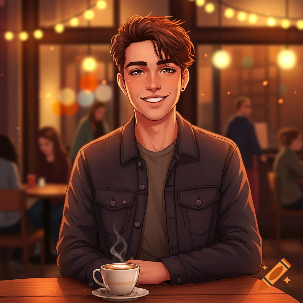 Digital illustration of a smiling young man with a coffee cup in a cozy cafe with warm lighting.