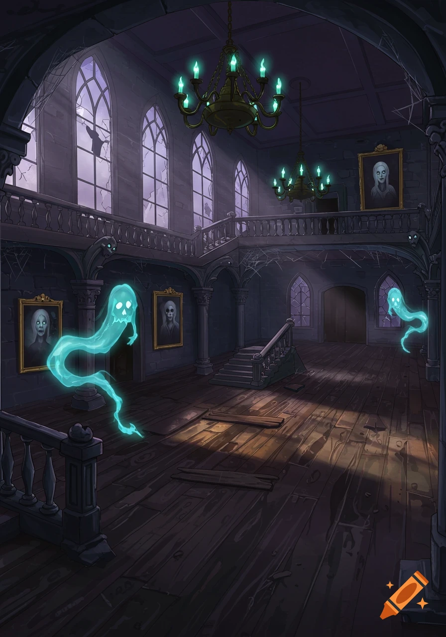 A cartoon haunted mansion interior with glowing green ghosts, spooky portraits, broken windows, and chandeliers.