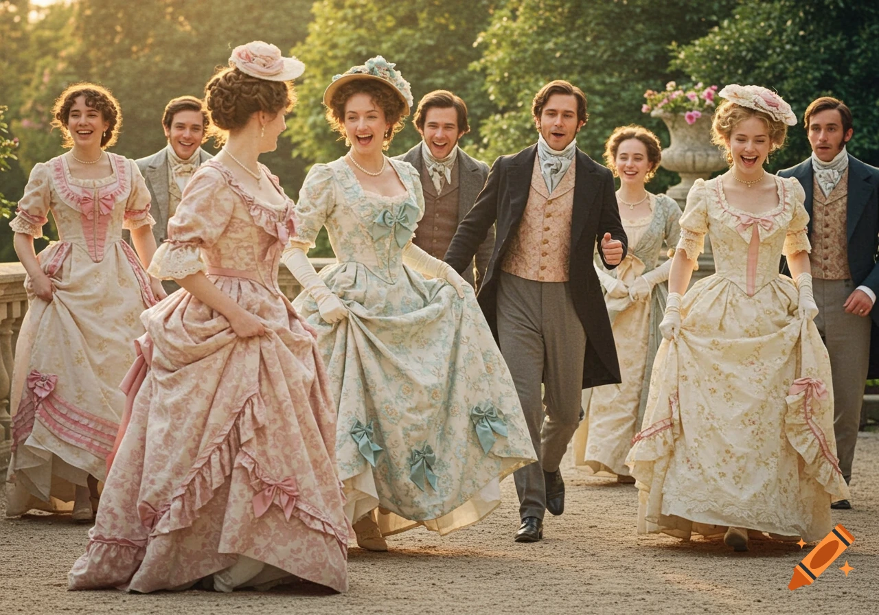 A group of cheerful people in elaborate 1870s dresses and suits laughing and walking outdoors during sunset.