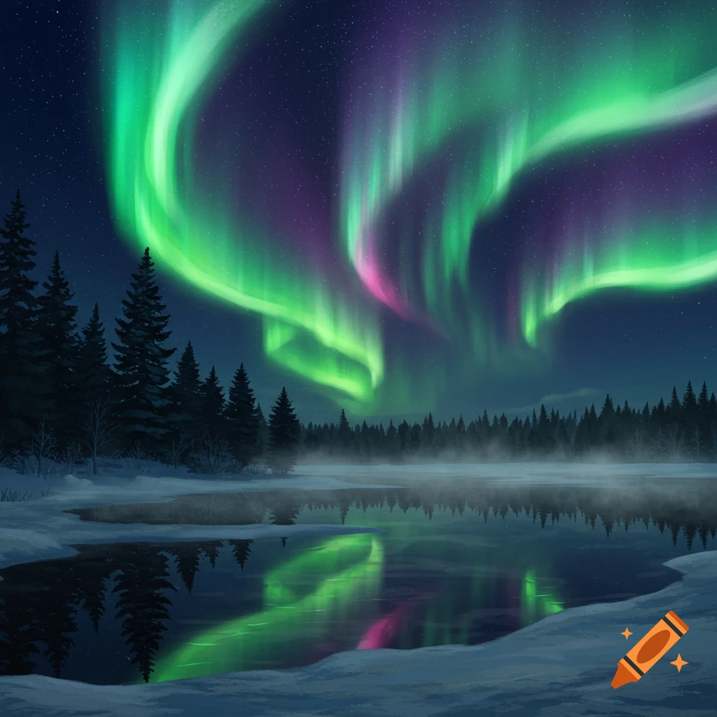 Vibrant green and purple aurora borealis illuminates a snowy forest and misty lake at night, reflecting the lights, illustrated.
