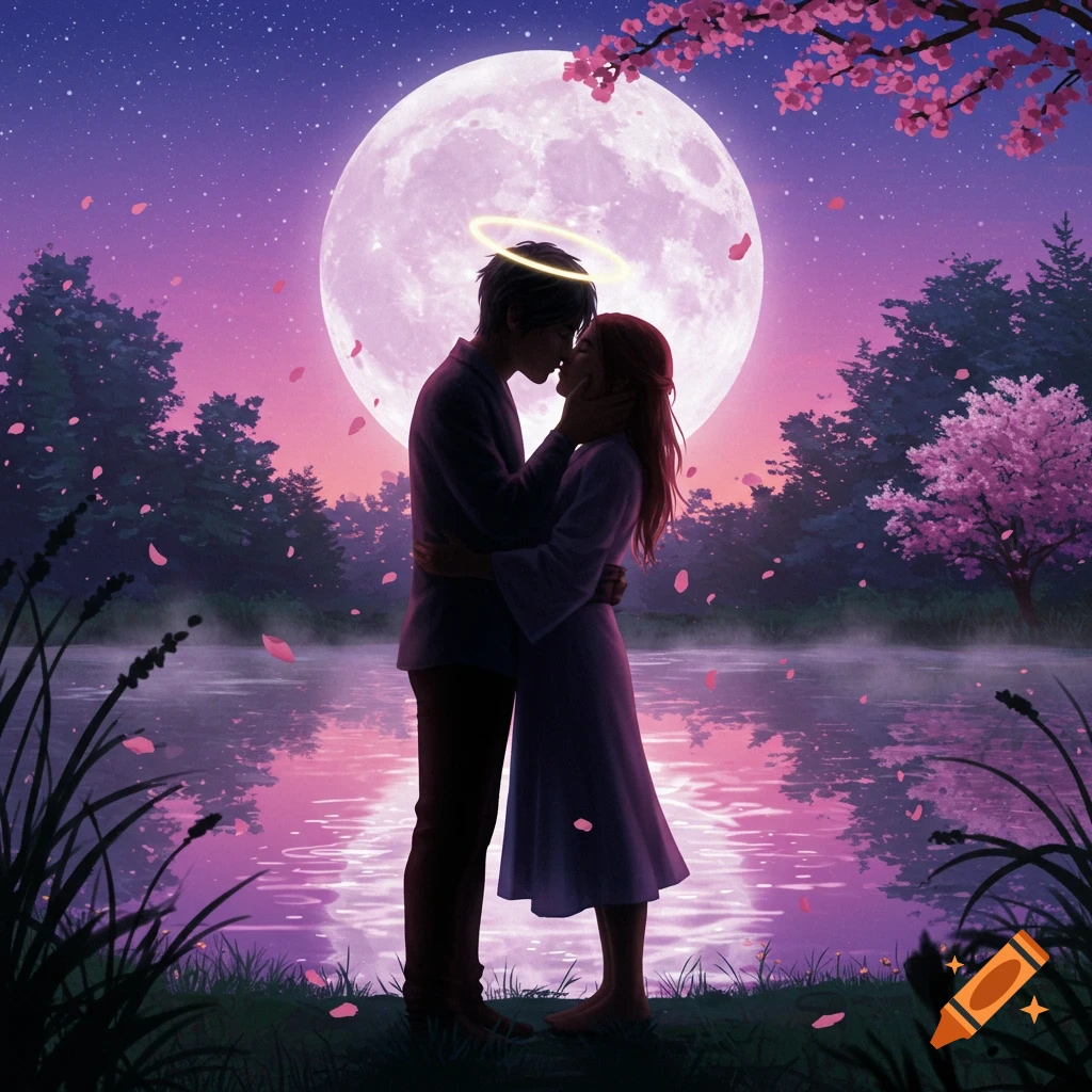 A dreamy illustration of a couple kissing by a moonlit lake with cherry blossoms at night.