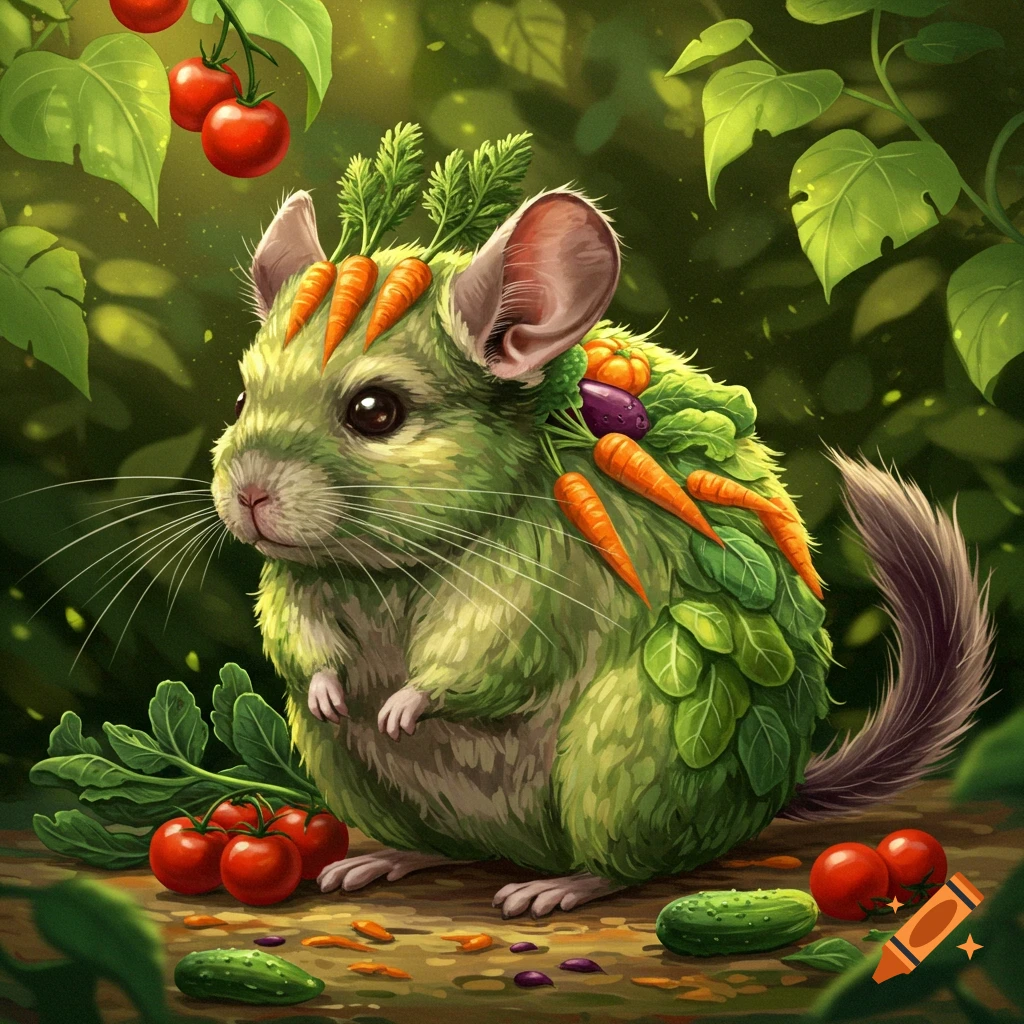 A green, leafy chinchilla decorated with carrots and vegetables, surrounded by tomatoes and cucumbers in a lush forest.
