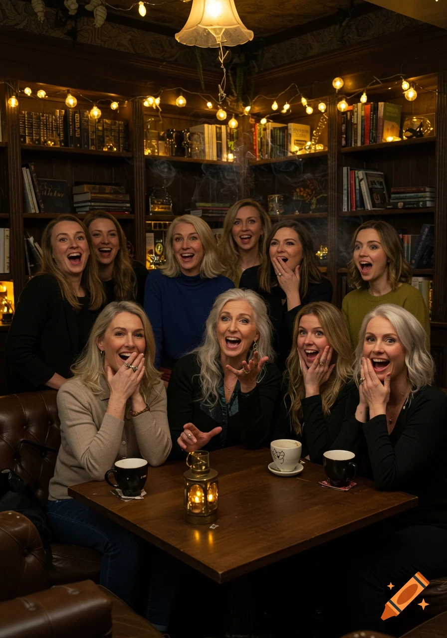 A group of stylish women react with shock and laughter in a cozy, enchanted coffeehouse filled with string lights and books.