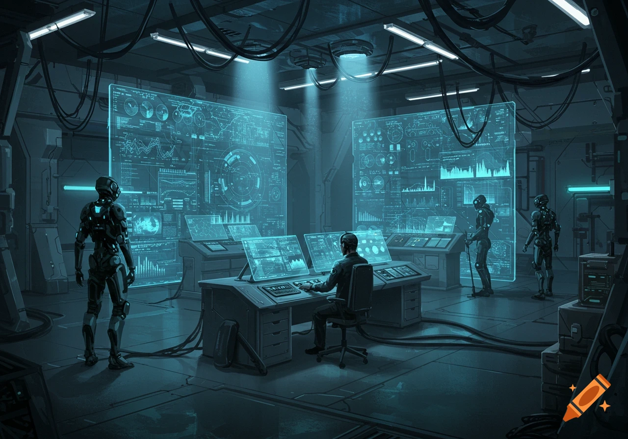 A man and robots in a futuristic command center, surrounded by glowing blue holographic screens displaying data.