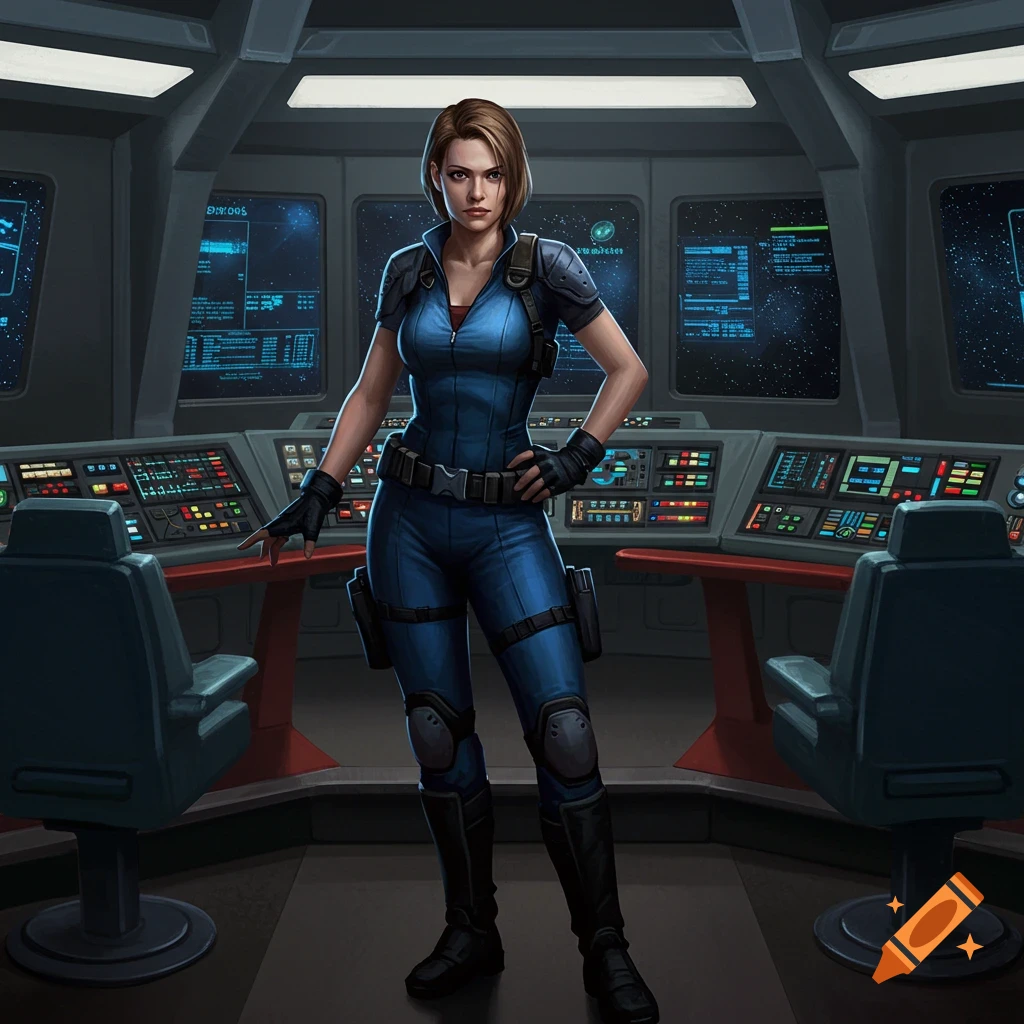 A woman in a blue sci-fi suit stands on a spaceship bridge, surrounded by screens and control panels.