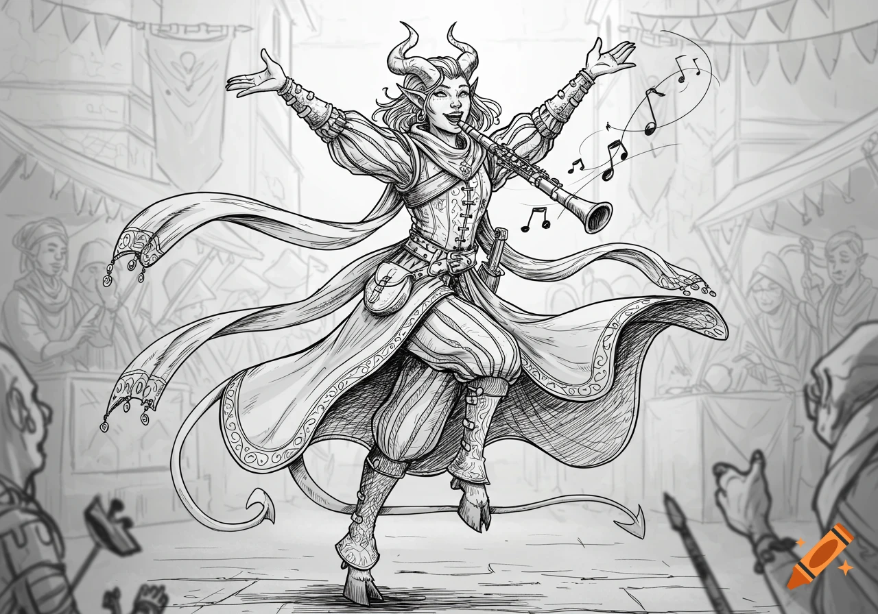 A happy female tiefling bard with horns and a tail, dressed in medieval attire, dancing and playing a clarinet in an ink drawing style.