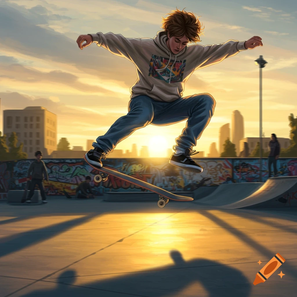 Digital art of a young skateboarder mid-air on their board at a vibrant sunset skatepark with city buildings in the background.