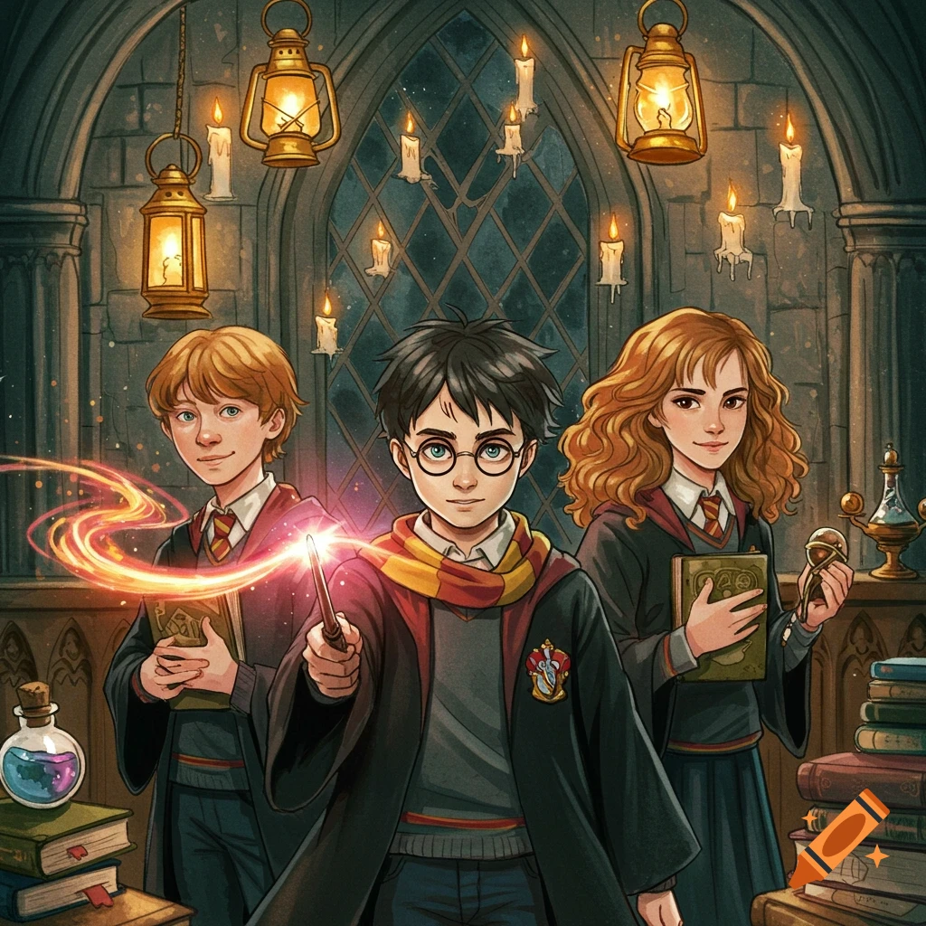 Illustrated Harry Potter, Ron, and Hermione in a magical hall. Harry holds a glowing wand, surrounded by candles, books, and lanterns.