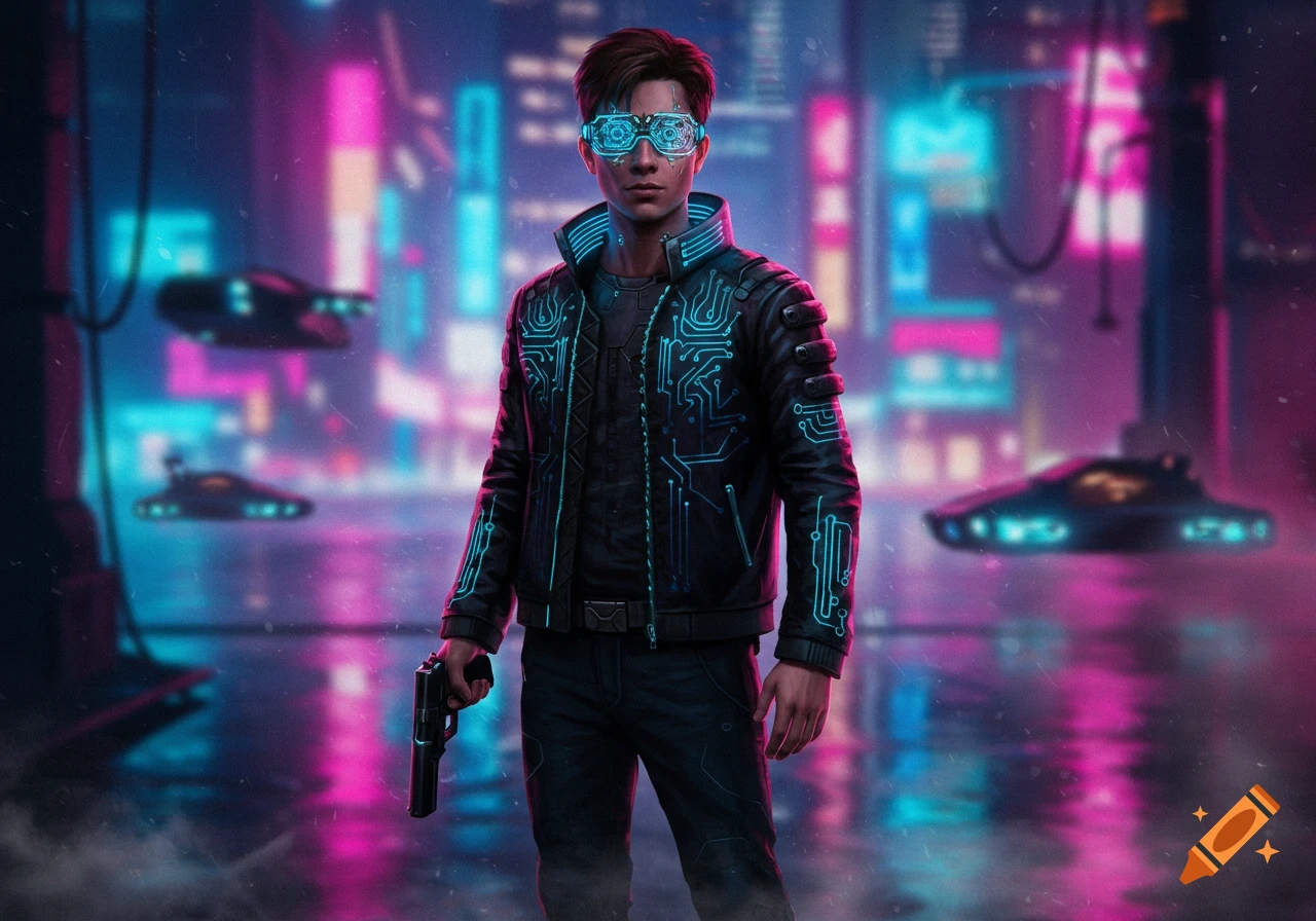 A young man in a cyberpunk jacket with glowing circuit patterns and glasses holds a pistol in a neon-lit futuristic city.