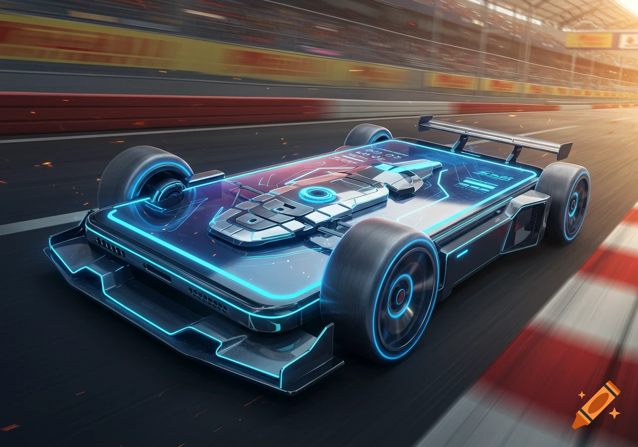 A futuristic smartphone shaped like a racing car with glowing blue accents speeds on a race track under a sunset sky.
