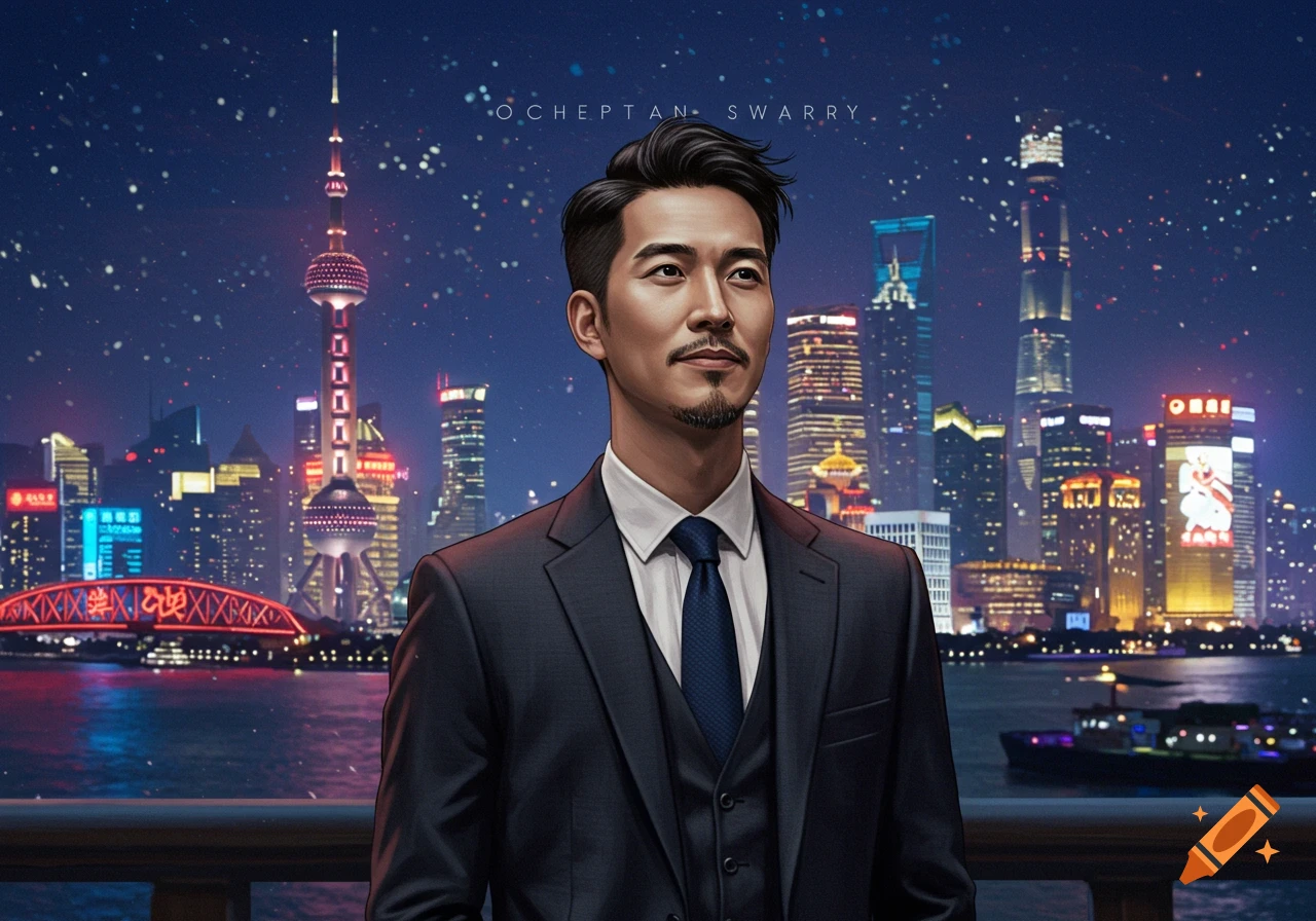 A stylish man in a dark suit and tie stands before a vibrant, illuminated city skyline at night in an illustrative style.
