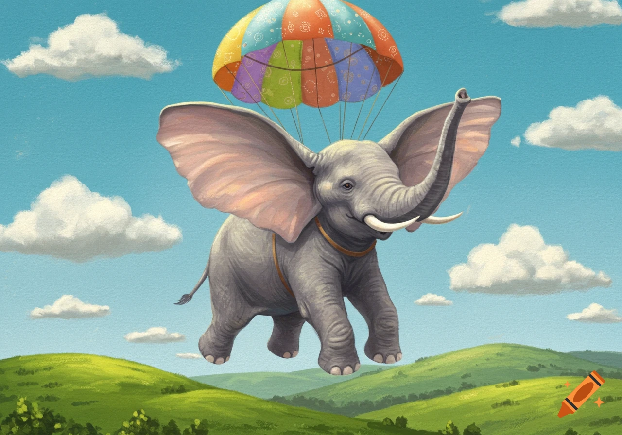 A whimsical elephant flies across a blue sky with a colorful parachute, soaring over green rolling hills.