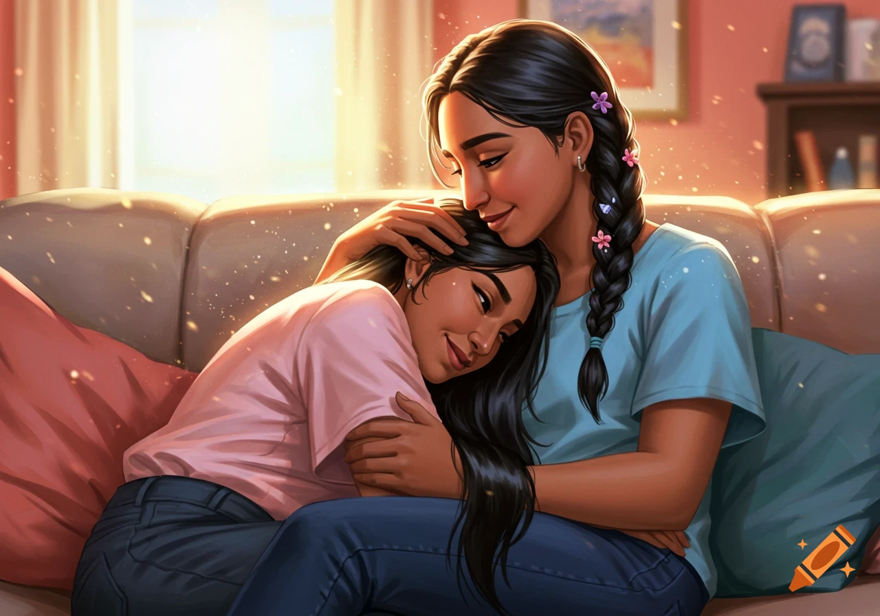 Two women, one with braided hair, tenderly embrace on a sofa in a warm, sunlit room, smiling. Digital art style.
