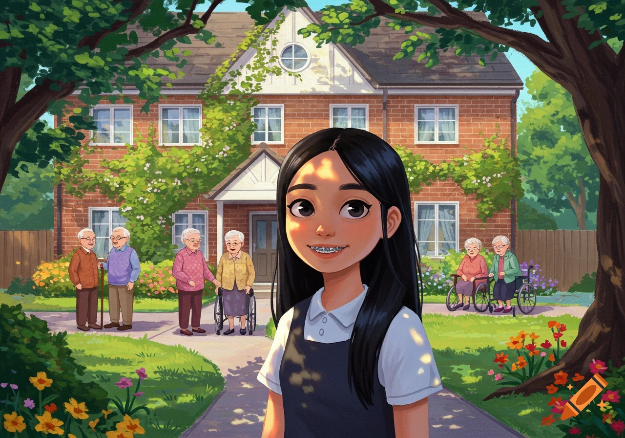 An illustration of a young girl with braces smiling in a sunny garden, with elderly people and a large house in the background.