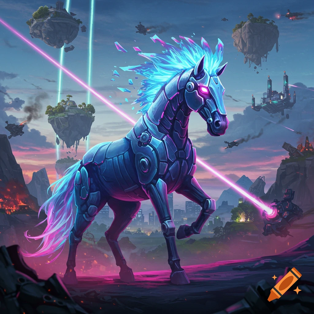 A stylized robotic horse with glowing blue and pink mane and tail stands in a futuristic landscape with floating islands and laser beams.