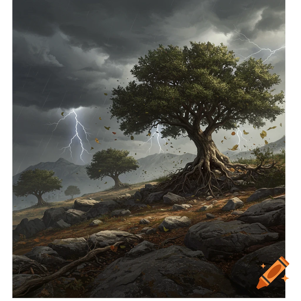 A dramatic landscape features a large, gnarled tree on a rocky hill under a dark, stormy sky with lightning and rain.