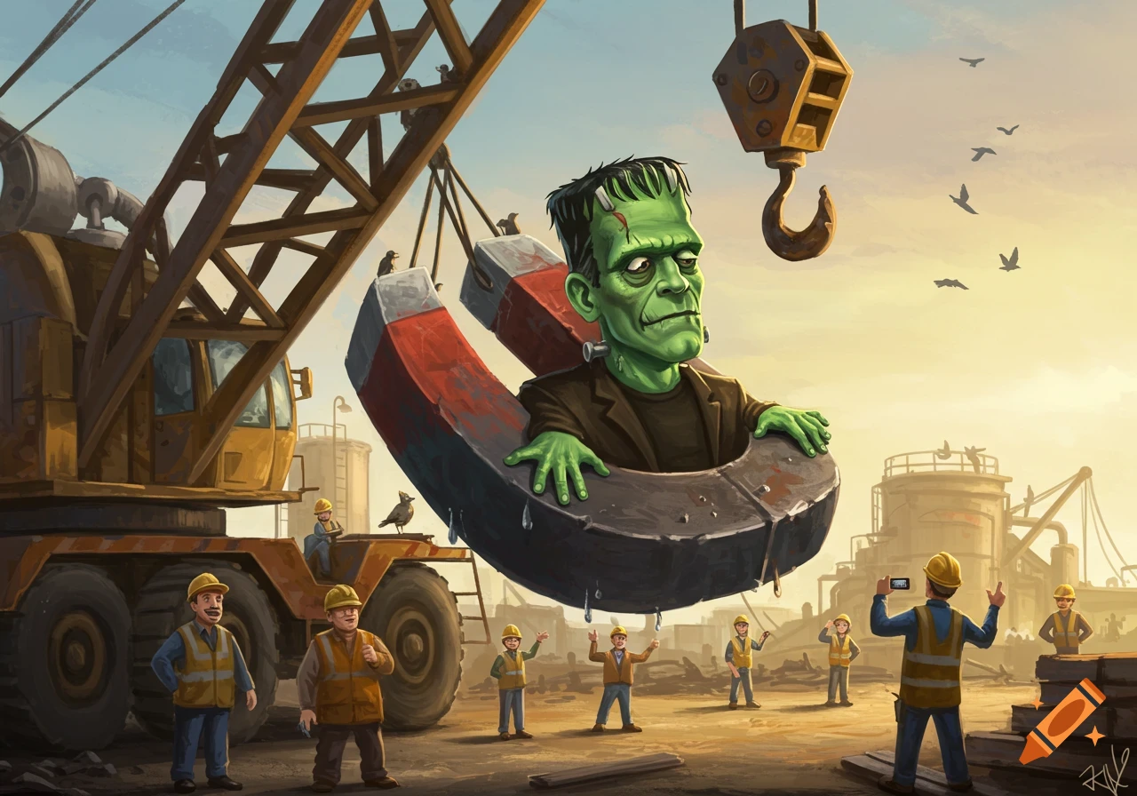 A cartoon illustration shows Frankenstein's monster stuck to a giant magnet, lifted by a crane above construction workers at an industrial site.