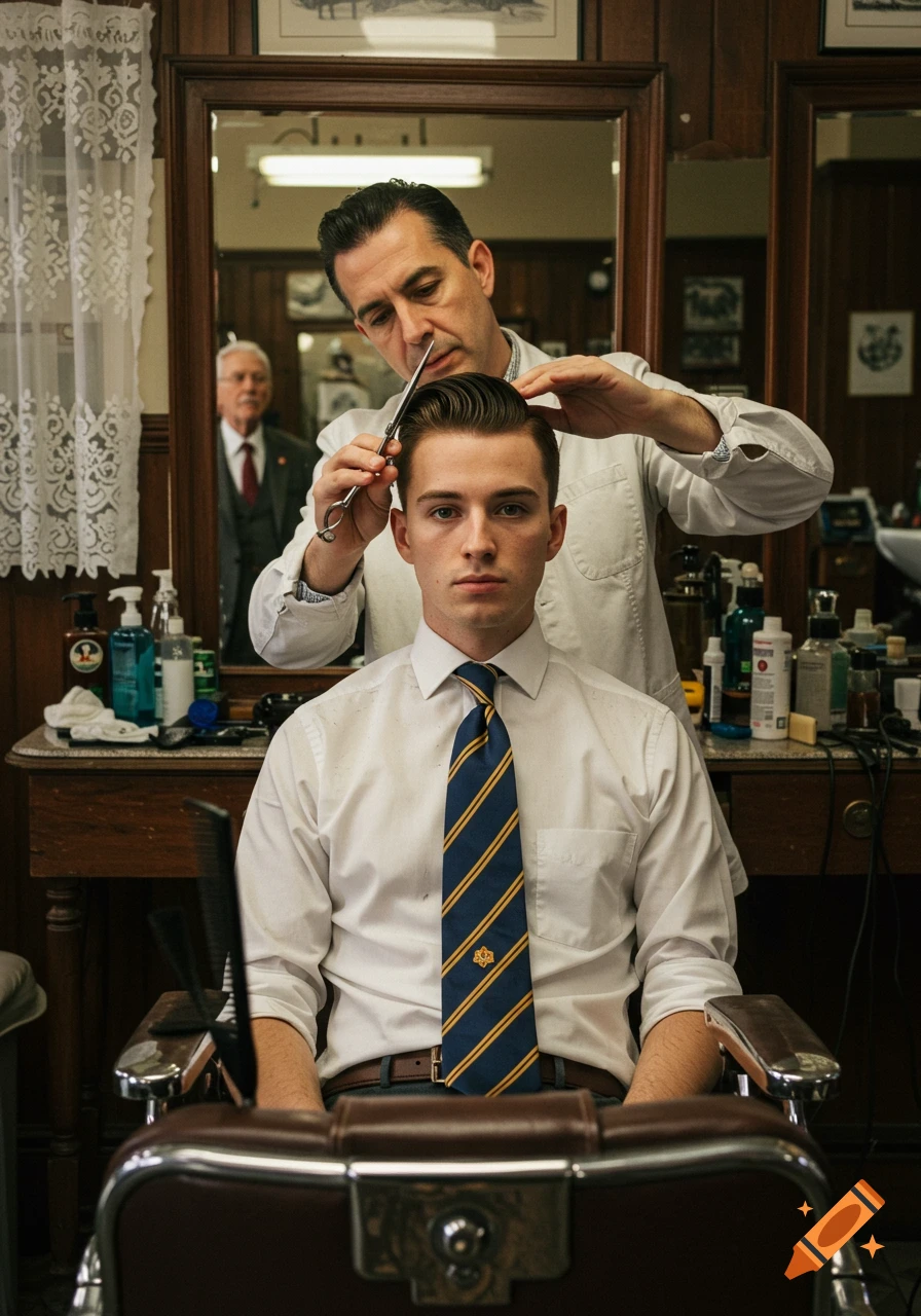 A young man gets a classic haircut from a barber in a traditional barbershop, an older man reflected in the mirror.
