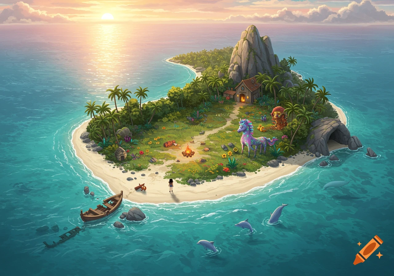 Illustrated magical island with a shipwrecked girl, a colorful unicorn-octopus, dolphins, and a sunset over the ocean.