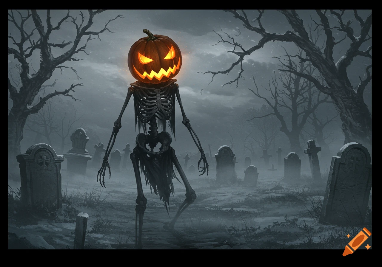 A glowing jack-o'-lantern head on a skeleton standing in a misty, dark graveyard with bare trees.