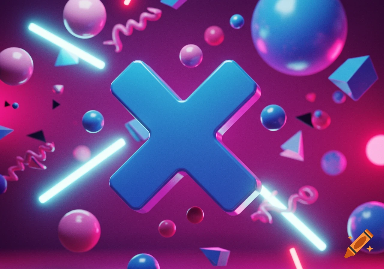 A vibrant 3D render with a large blue 'X' at the center, surrounded by pink and blue spheres, cubes, triangles, and neon lights on a magenta background.