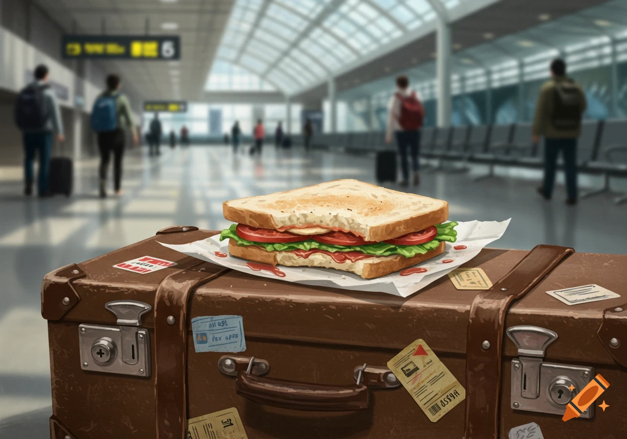 A close-up illustration of a half-eaten sandwich with lettuce, tomato, and sauce on a brown leather suitcase, with a blurred airport terminal and people in the background.