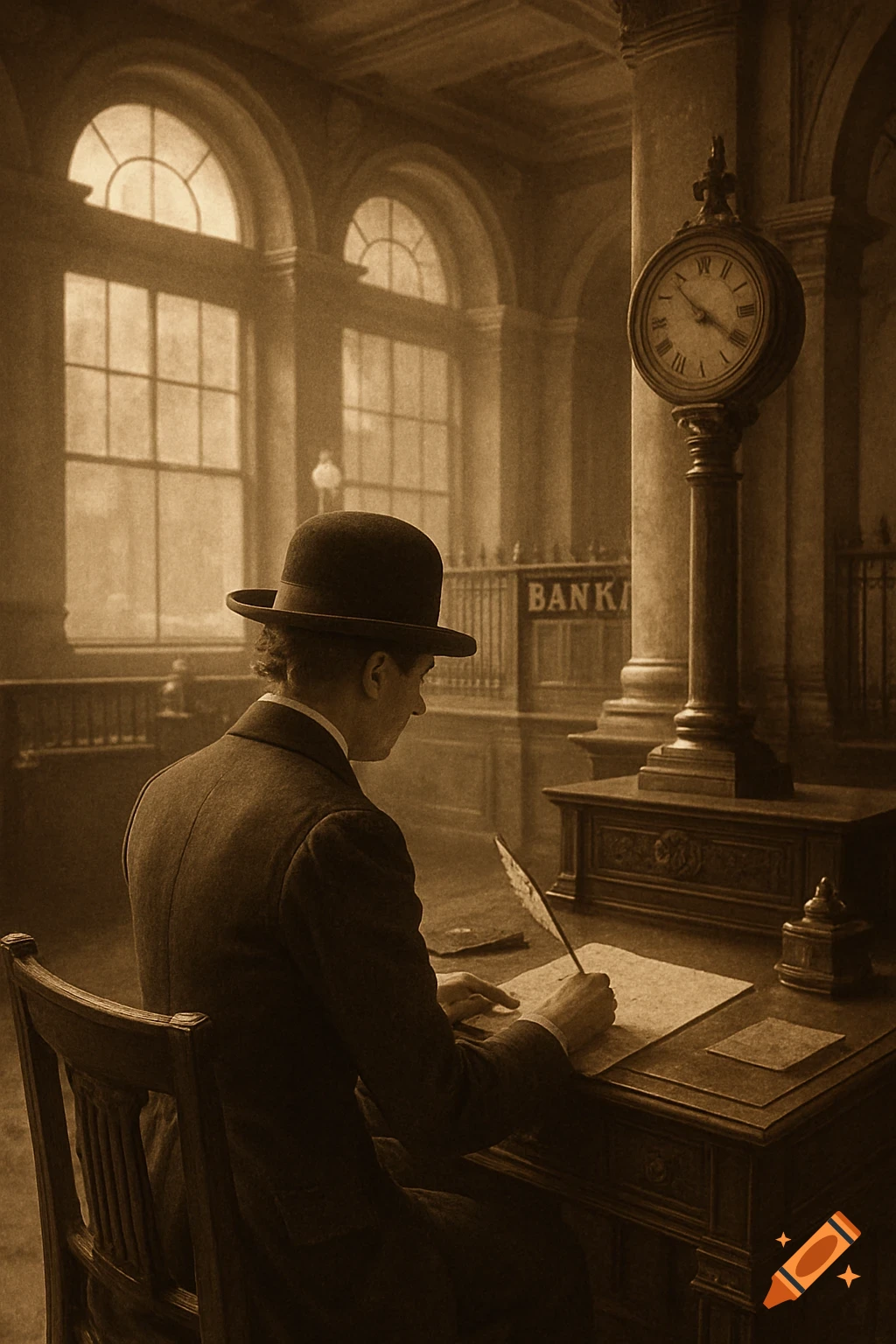 A sepia-toned old photo of a man in a bowler hat writing a letter with a quill in a grand, old bank.