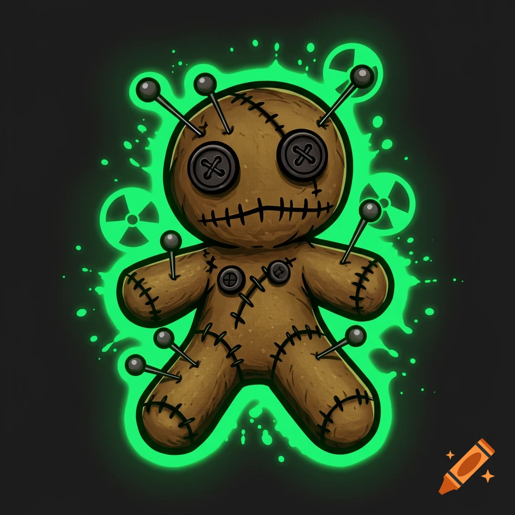 A stylized voodoo doll with button eyes and stitched seams, surrounded by a glowing green aura and nuclear symbols.