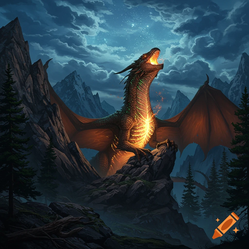A magnificent glowing dragon with fiery breath howls at the starry night sky from a rocky mountain peak.