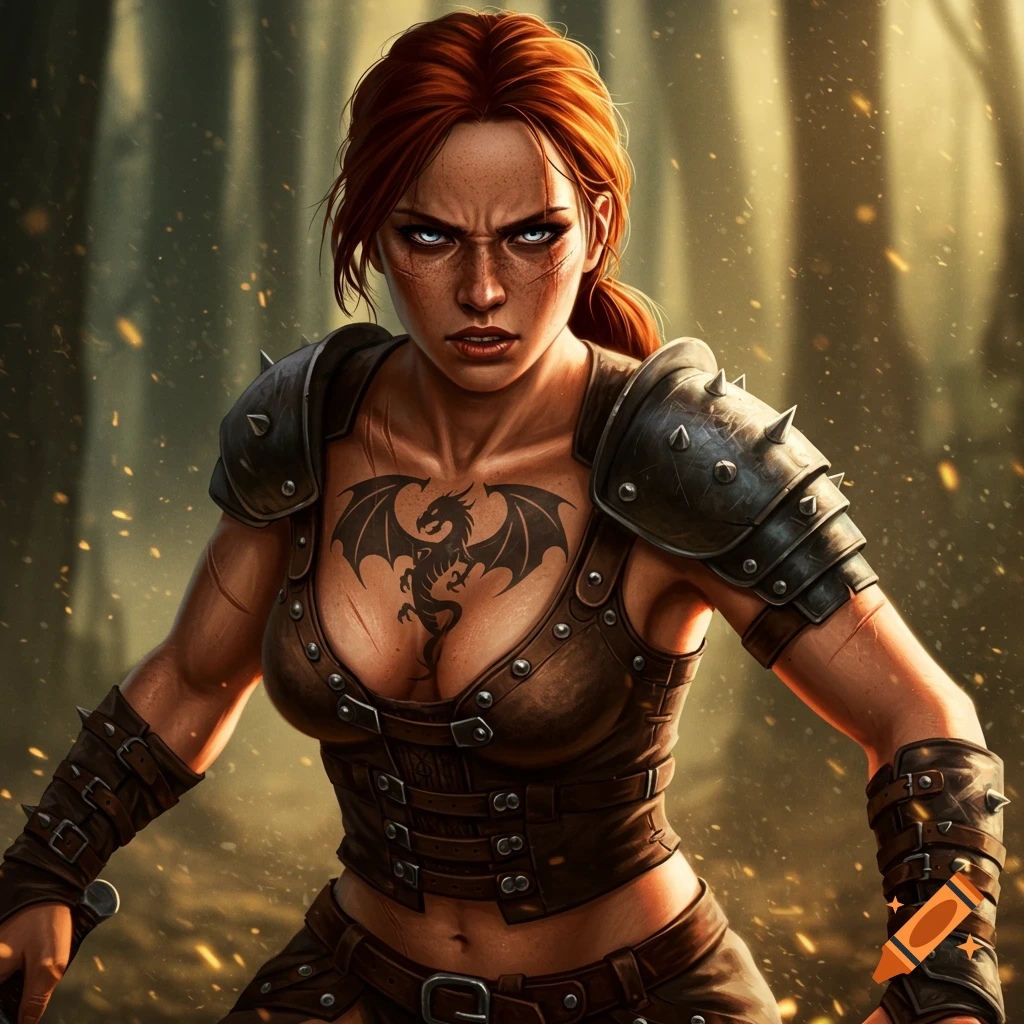 A muscular female warrior with red hair, steel eyes, freckles, and a dragon tattoo on her chest, wearing leather armor, glaring fiercely in a forest.