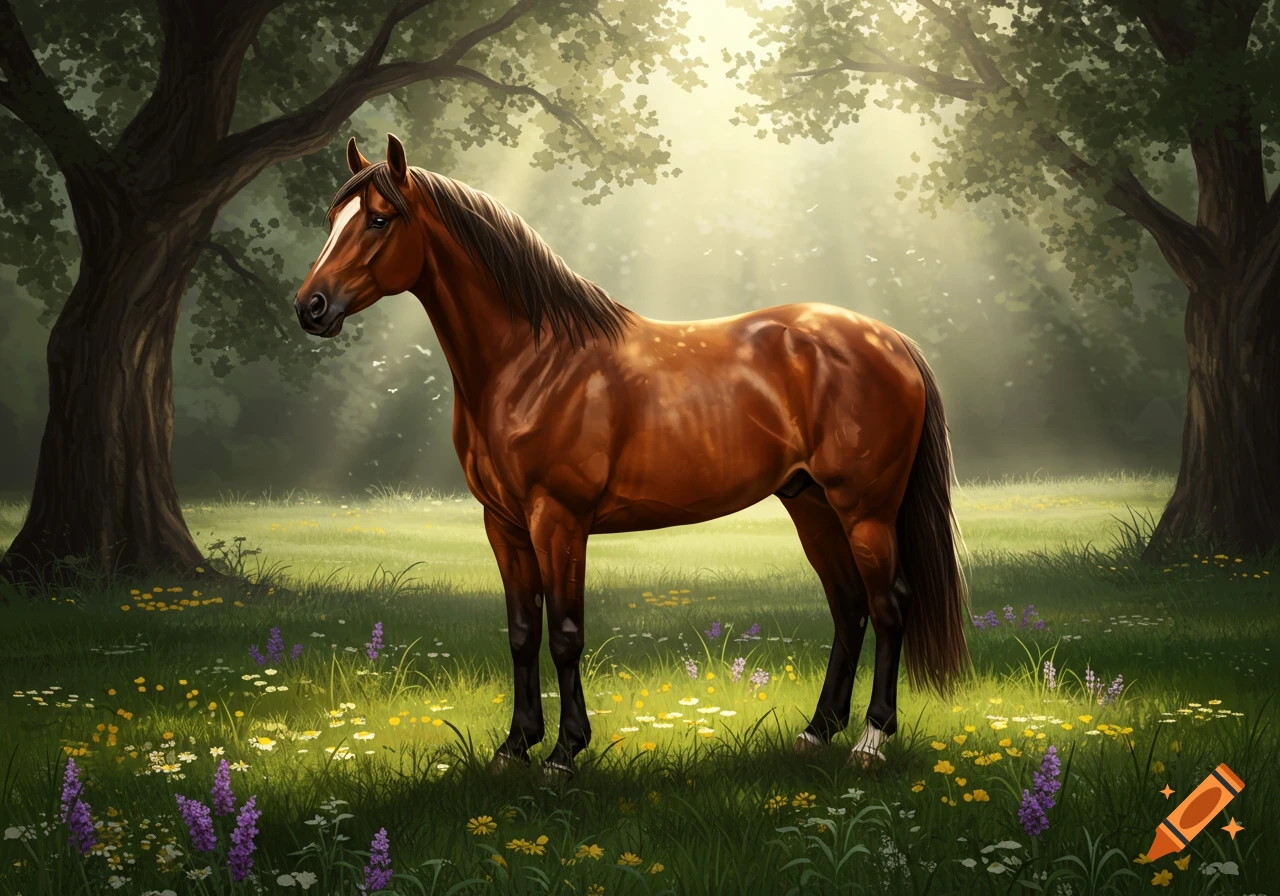 A majestic brown horse with a white blaze stands in a sunlit meadow with trees and wildflowers.