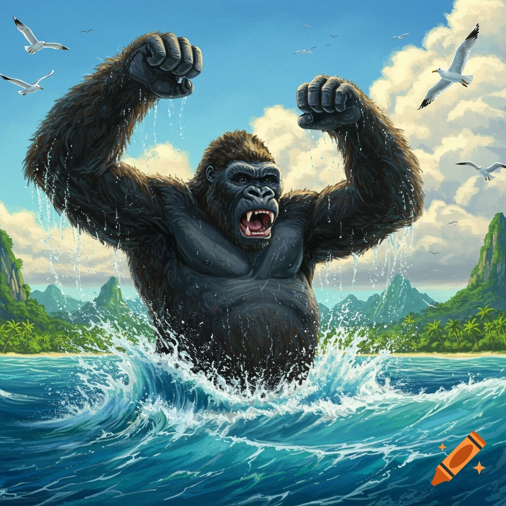 Giant King Kong, fists raised, roaring from crashing ocean waves with tropical islands and seagulls under a blue sky.