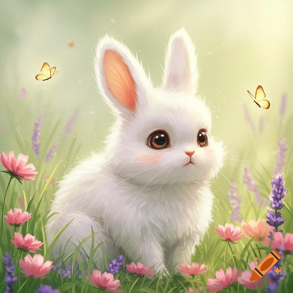 A fluffy white bunny with large brown eyes sits in a lush field of pink and purple flowers with two yellow butterflies.
