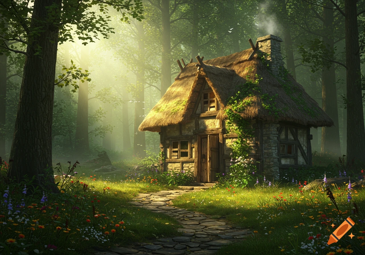A rustic, thatched-roof cottage nestled in a sun-dappled, misty forest, with a stone path leading to its open door and wildflowers in the foreground.