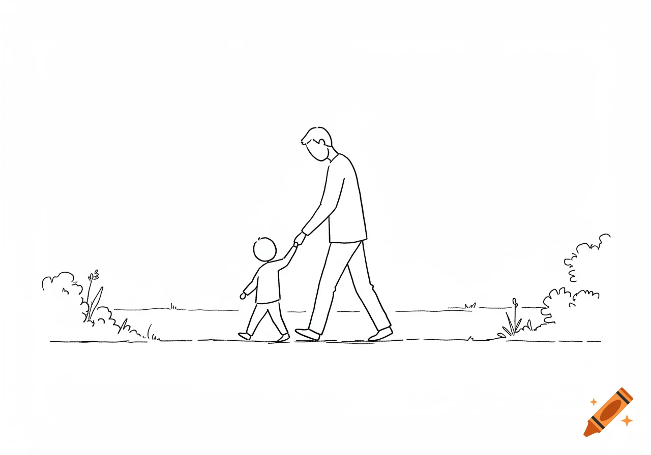 Line art drawing of a father holding his son's hand as they walk together.