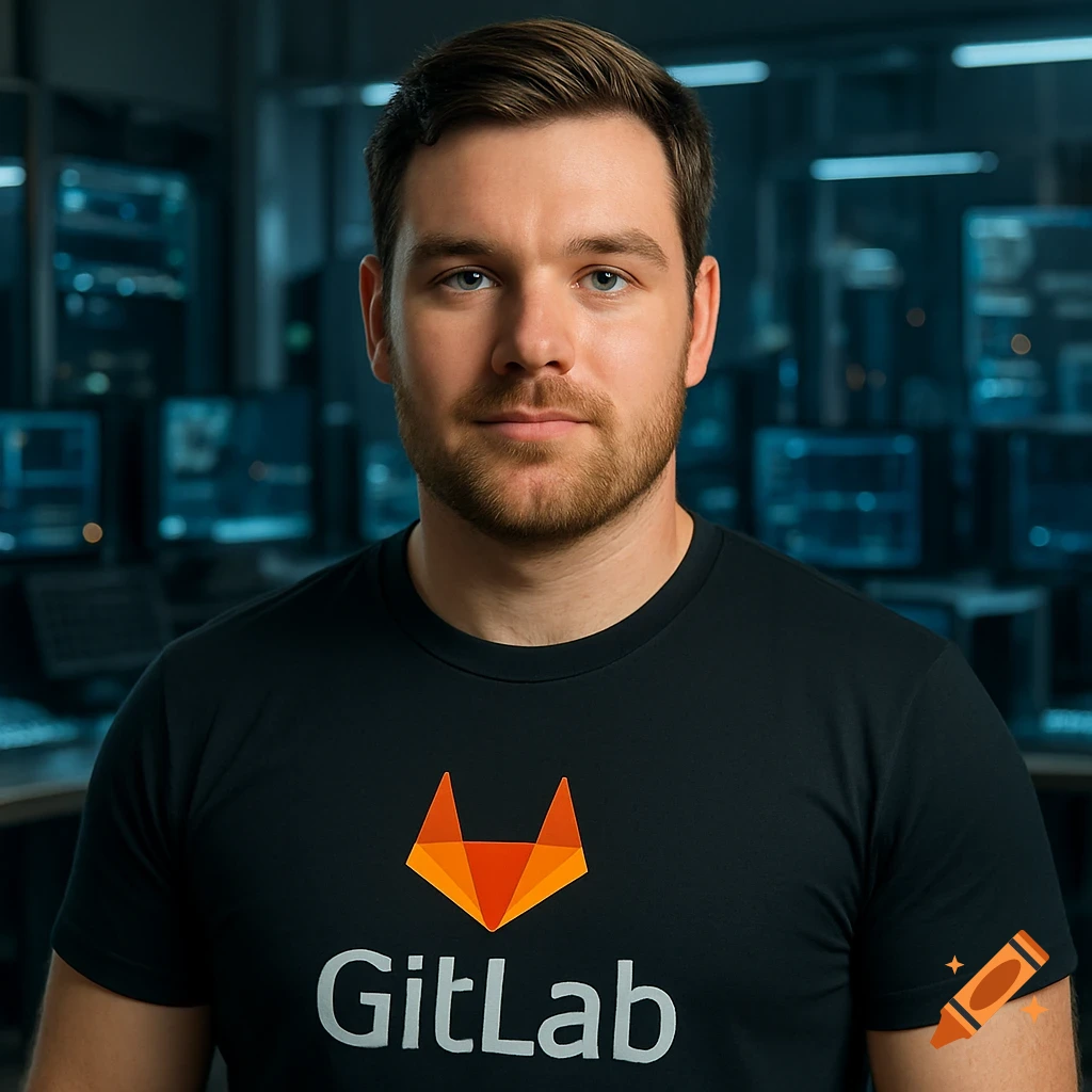 A man in a black GitLab t-shirt, with a beard and brown hair, stands in a server room.