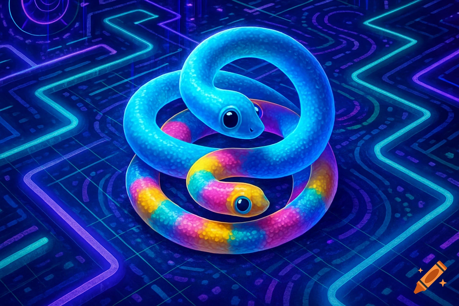 A blue and a multicolored snake intertwined, set against a dark blue background with glowing neon circuit board patterns in purple and blue.