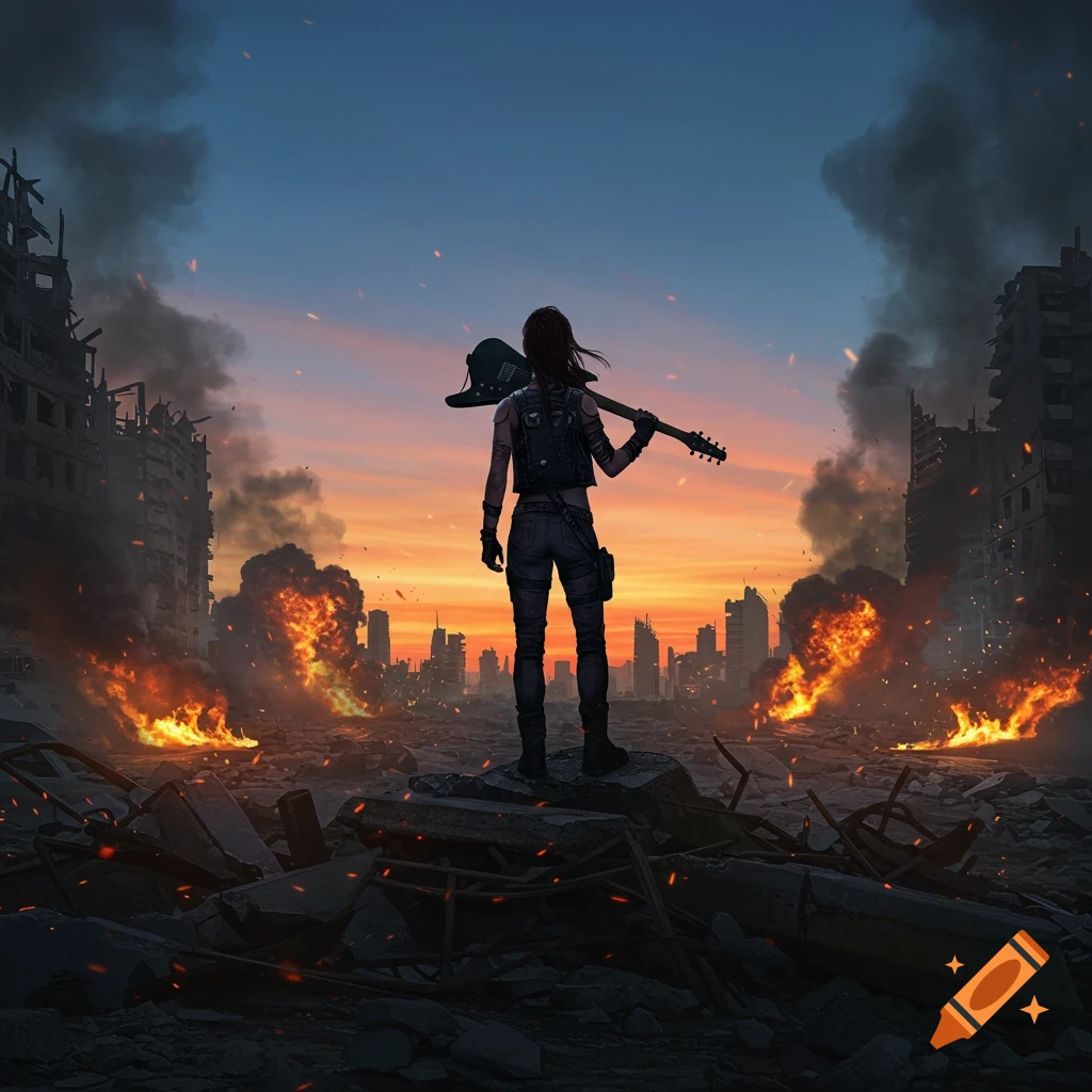 A woman with an electric guitar stands on debris, overlooking a post-apocalyptic city at dusk with explosions and fires.