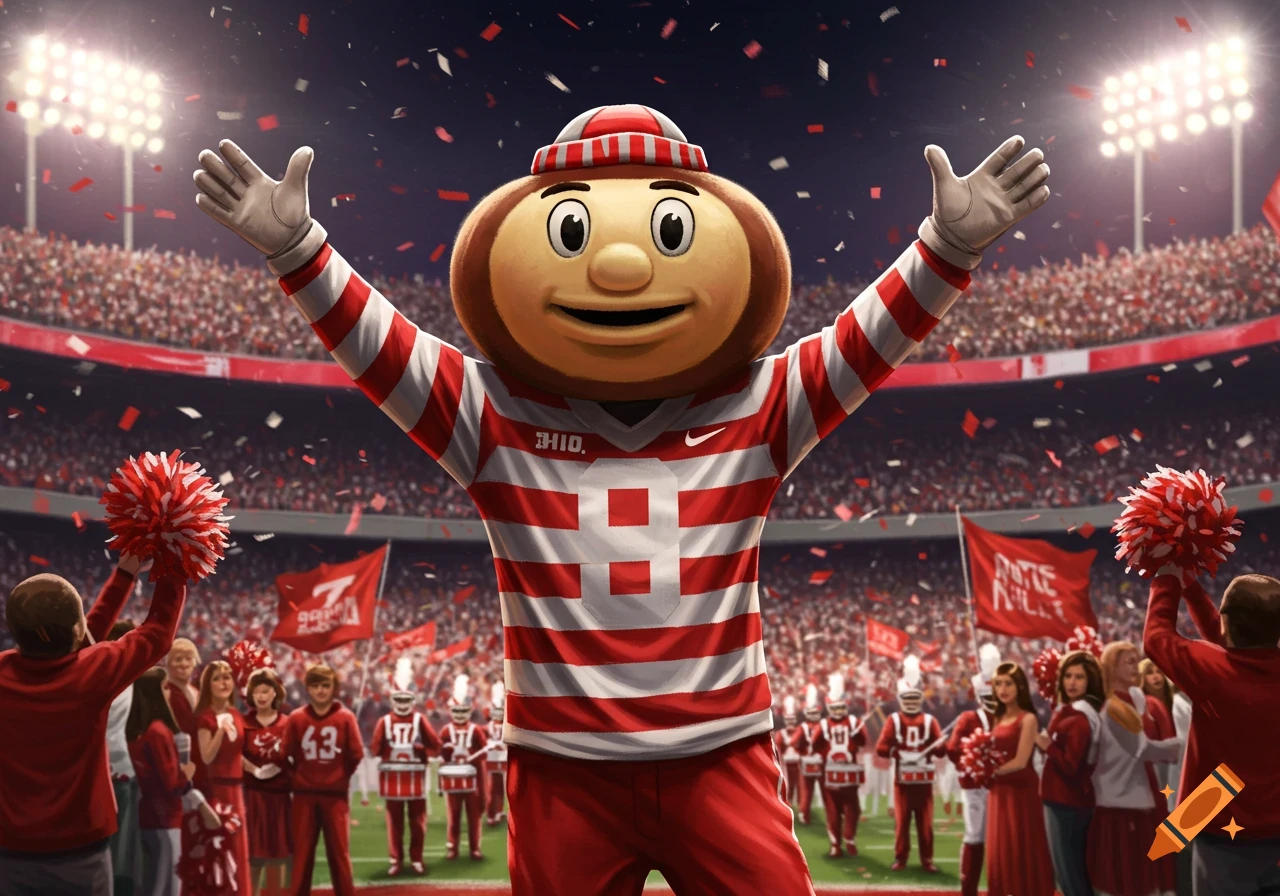 Brutus Buckeye mascot in an Ohio State uniform with arms raised in a confetti-filled stadium, surrounded by fans and marching band members.