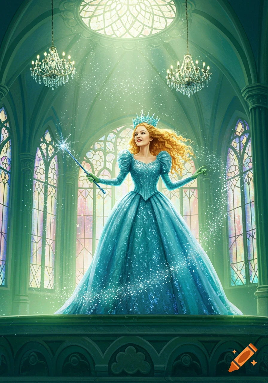 Galinda the Good Witch in a sparkling blue gown and crown, holding a magic wand, stands in a grand, green-hued hall with stained glass windows and chandeliers.