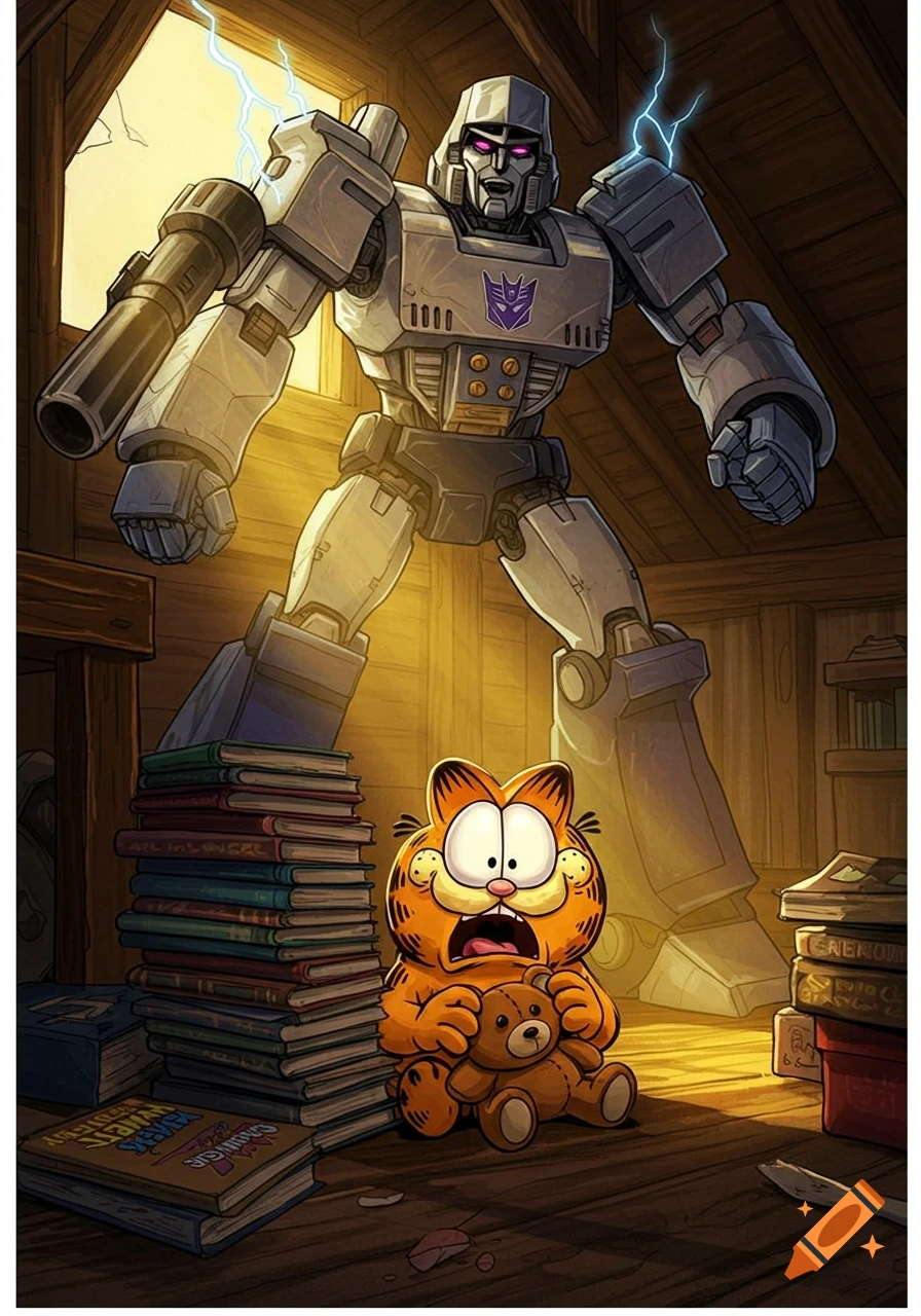 Megatron looms over a scared Garfield who is clutching a teddy bear, surrounded by stacks of books in a wooden room with lightning outside a window.