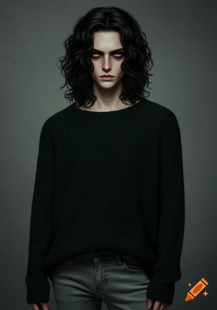 A portrait of a pale young man with dark wavy hair, dark green sweater, and gray jeans, with dark circles under his eyes.
