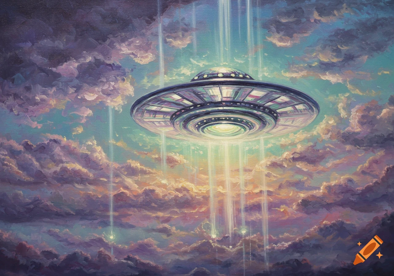 An oil painting of a flying saucer (UFO) hovering above pastel-colored clouds with light beams emitting downwards.