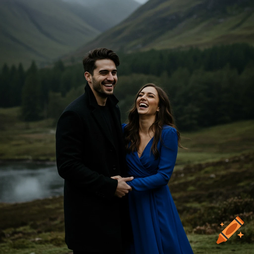 A happy couple laughs while holding hands in the misty Scottish glens, with a lake and mountains in the background. Photorealistic style.
