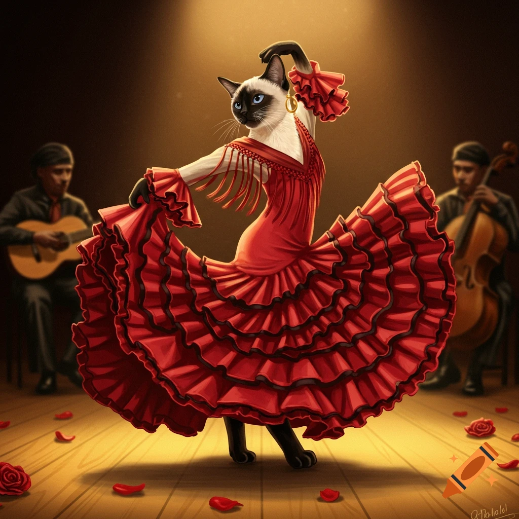 A Siamese cat in a vibrant red flamenco dress dances on a wooden stage, with musicians playing in the background.