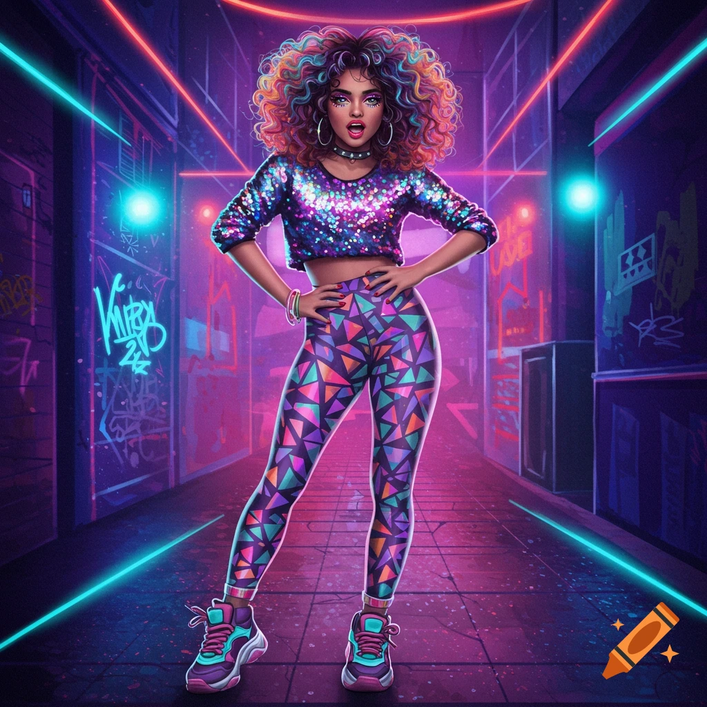 A vibrant illustration of a woman with colorful curly hair in a sequined crop top and geometric leggings, standing in a neon-lit alleyway.