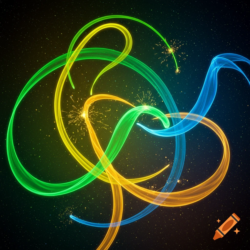 Vibrant abstract glowing green, yellow, orange, and blue light trails with sparkling effects on a dark, starry background.