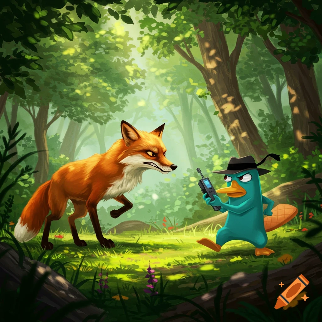 A stylized cartoon fox with an angry expression confronts Perry the Platypus, who holds a device, in a lush green forest.