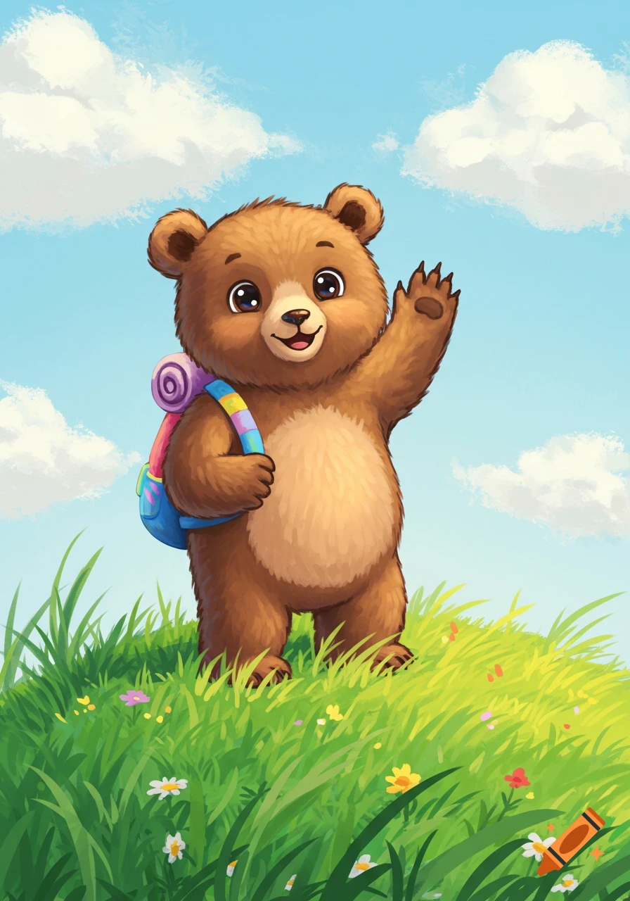 A cute cartoon bear cub with a colorful backpack waves cheerfully from a grassy hill under a blue sky.