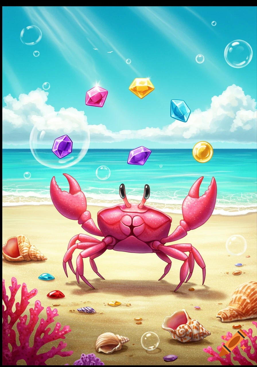 A cute pink cartoon crab on a sandy beach with seashells and coral, with colorful gems and bubbles floating in the blue sky and ocean.
